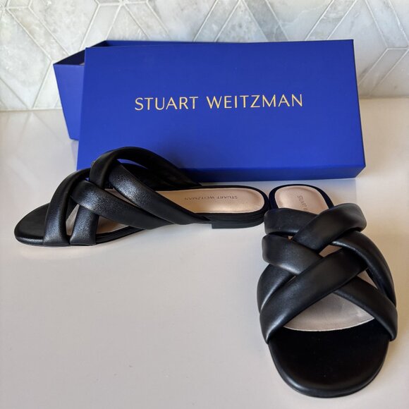 Stuart Weitzman Shoes - Stuart Weitzman Size 5.5 B Black Crossover Flat Slide New in Box Black Leather
